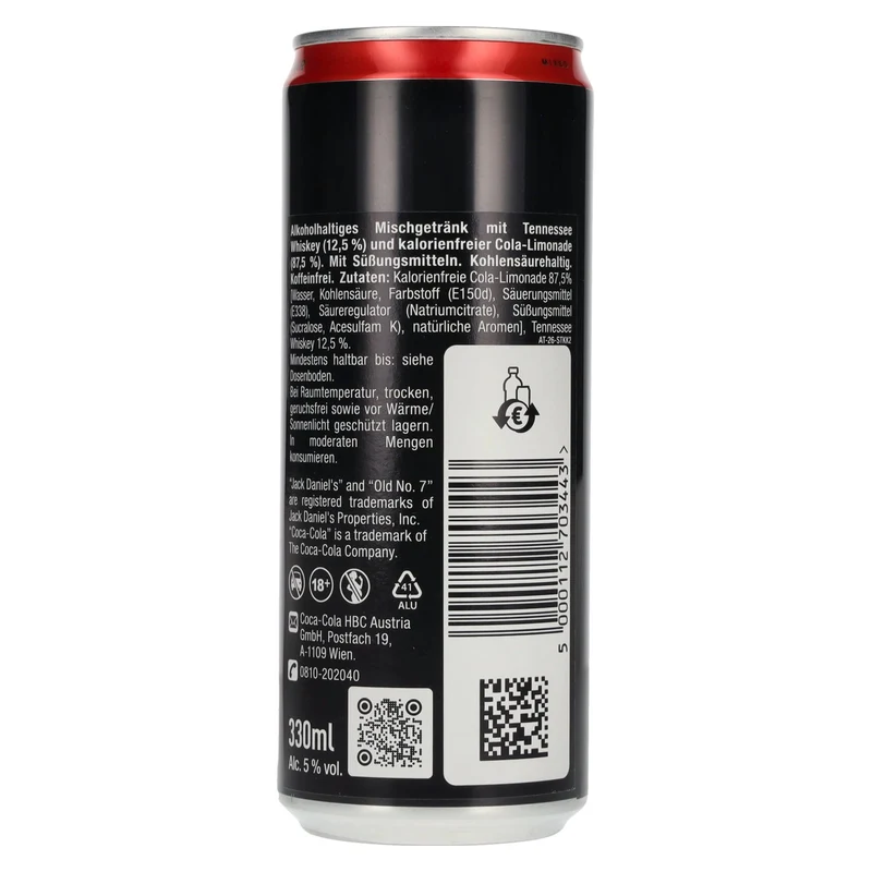 Jack Daniel's No. 7 Whiskey & Coca Cola ZERO SUGAR 5% Vol. 12x0,33l Dosen Pfand