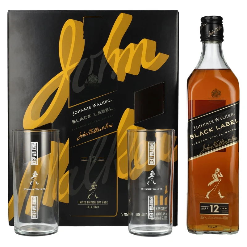 Johnnie Walker BLACK LABEL 12 Years Old Blended Scotch Whisky 40% Vol. 0,7l in Geschenkbox mit 2 Highballgläsern