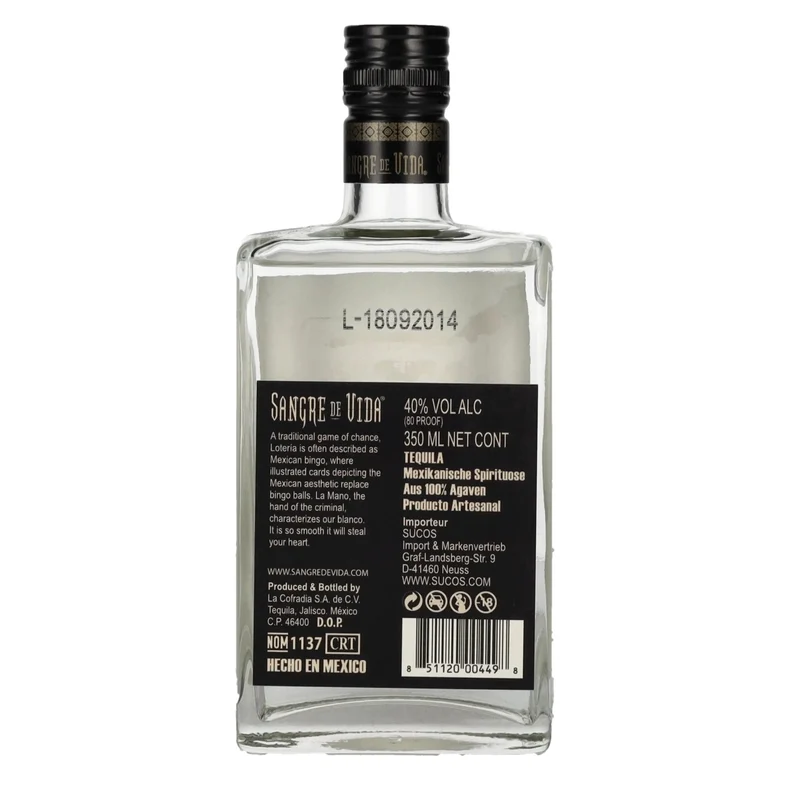 Sangre de Vida Loteria LA MANO Blanco Tequila 100% de Agave 40% Vol. 0,35l