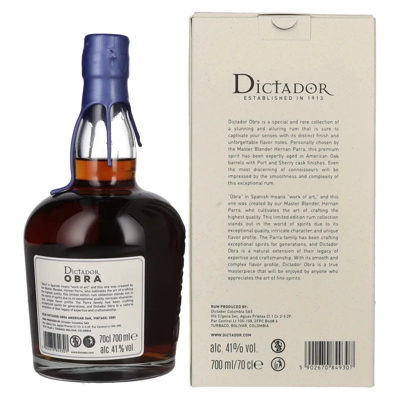 Dictador OBRA VINTAGE 22 Years Old AMERICAN OAK CASK Rum 2001 41% Vol. 0,7l in Geschenkbox