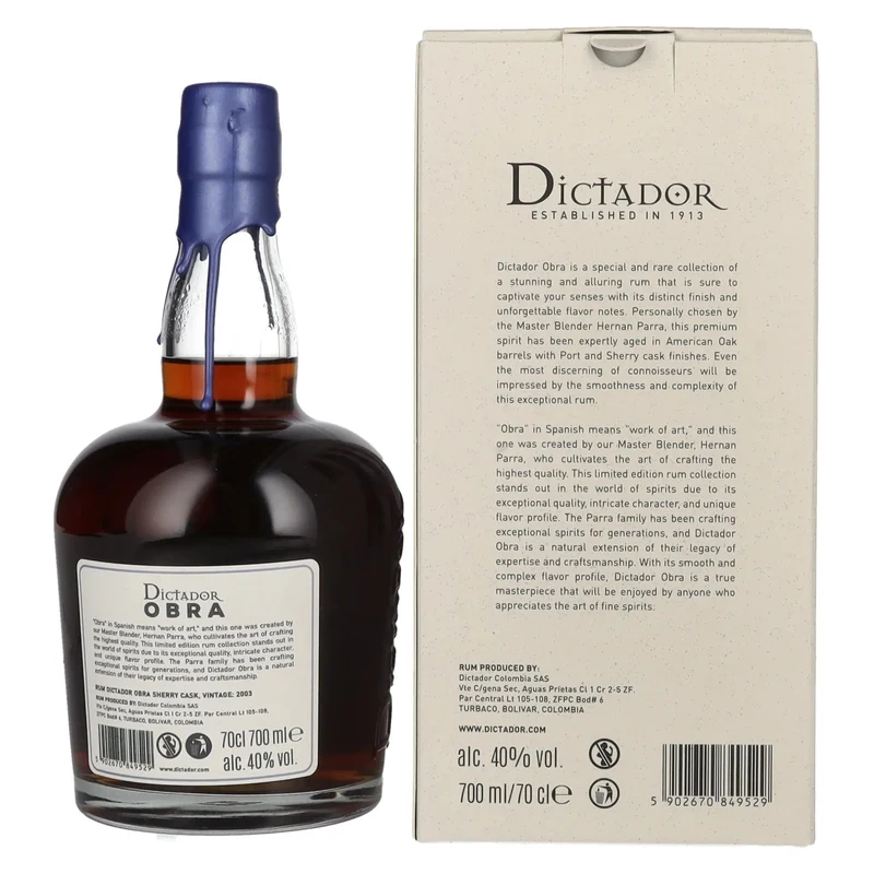 Dictador OBRA VINTAGE 20 Years Old SHERRY CASK Rum 2003 40% Vol. 0,7l in Geschenkbox