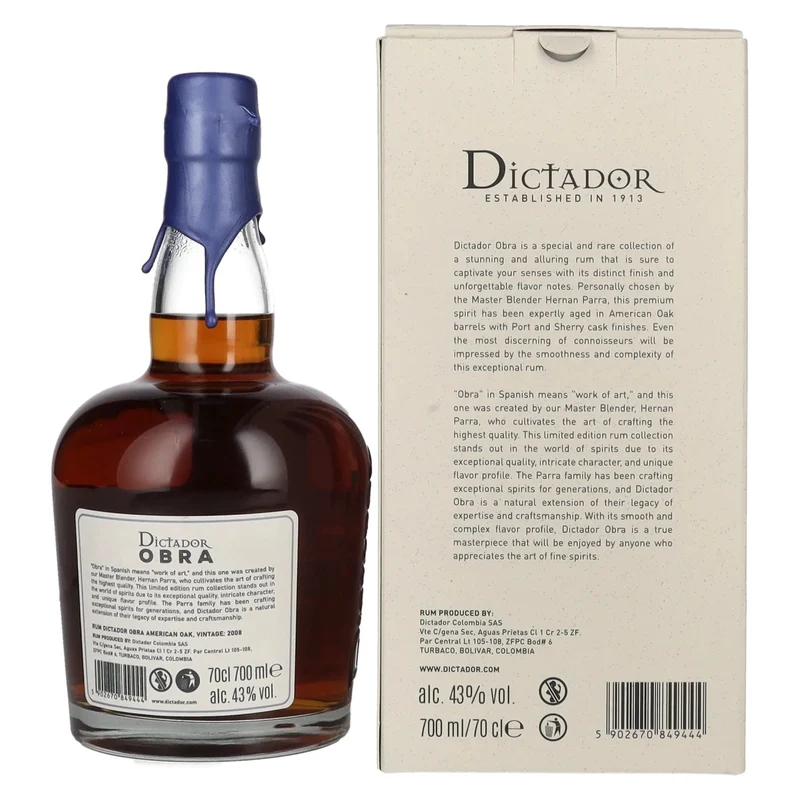 Dictador OBRA VINTAGE 15 Years Old AMERICAN OAK CASK Rum 2008 43% Vol. 0,7l in Geschenkbox