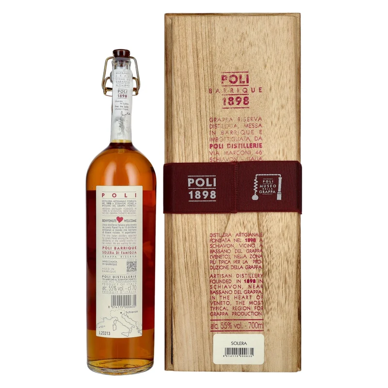 Poli Grappa Barrique 1898 Solera di Famiglia 55% Vol. 0,7l in Holzkiste