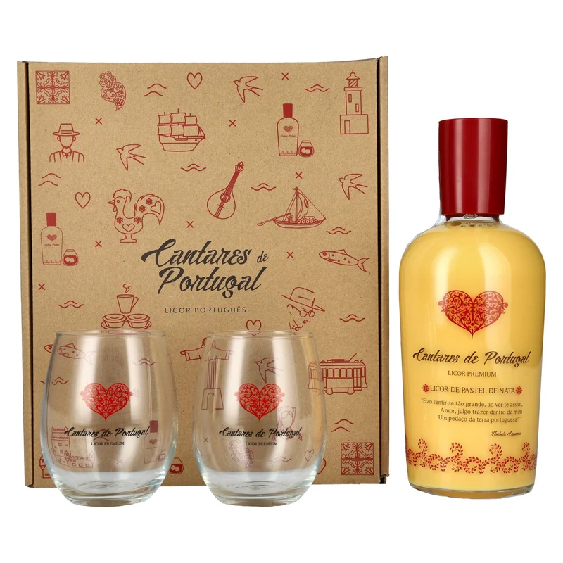 Cantares de Portugal Licor de Pastel de Nata 15% Vol. 0,7l in Geschenkbox mit 2 Gläsern