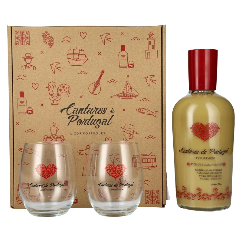 Cantares de Portugal Licor de Bolacha Maria 15% Vol. 0,7l in Geschenkbox mit 2 Gläsern