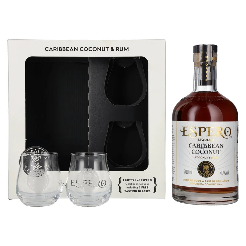 Ron Espero Caribbean Coconut & Rum Liqueur 40% Vol. 0,7l in Geschenkbox mit 2 Gläser