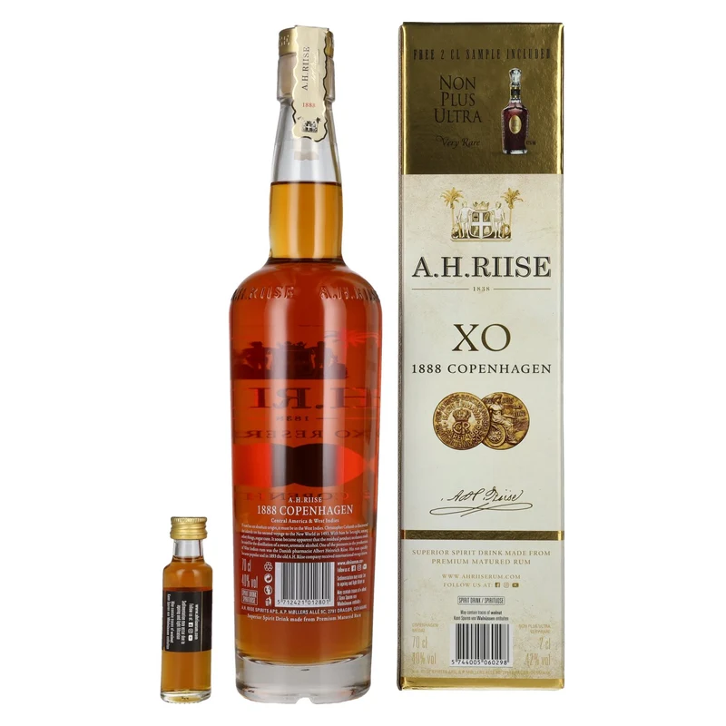 A.H. Riise 1888 COPENHAGEN XO Spirit Drink 40,1% Vol. 0,7l in Geschenkbox mit Miniatur Non Plus Ultra 0,02l