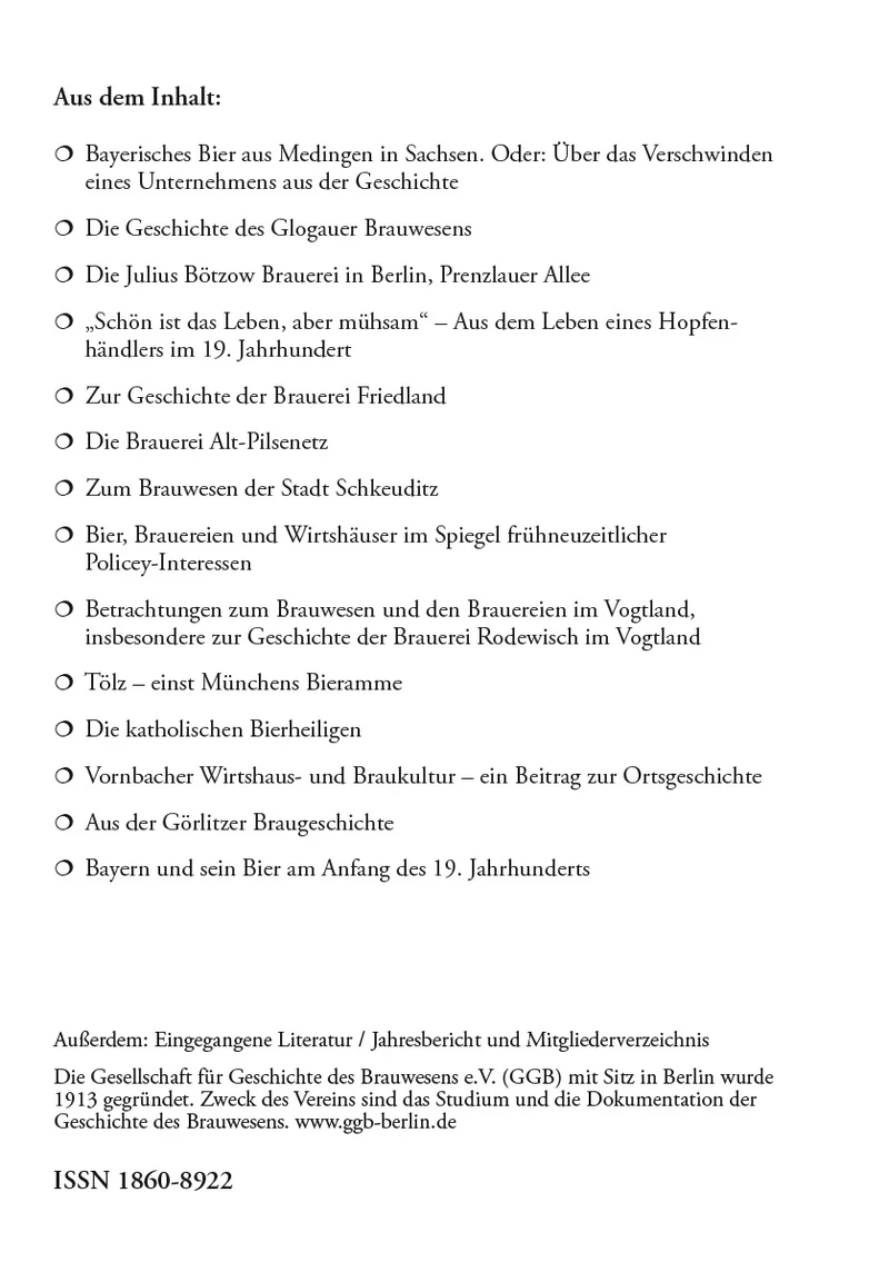 Jahrbuch 2022 der Gesellschaft für Geschichte des Brauwesens e.V. (GGB)